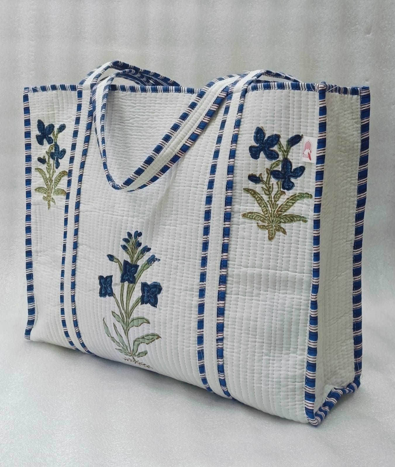 Classic White Block Printed Quilted Tote Bag without zip/button 17x18x 6 inches