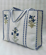 Classic White Block Printed Quilted Tote Bag without zip/button 17x18x 6 inches