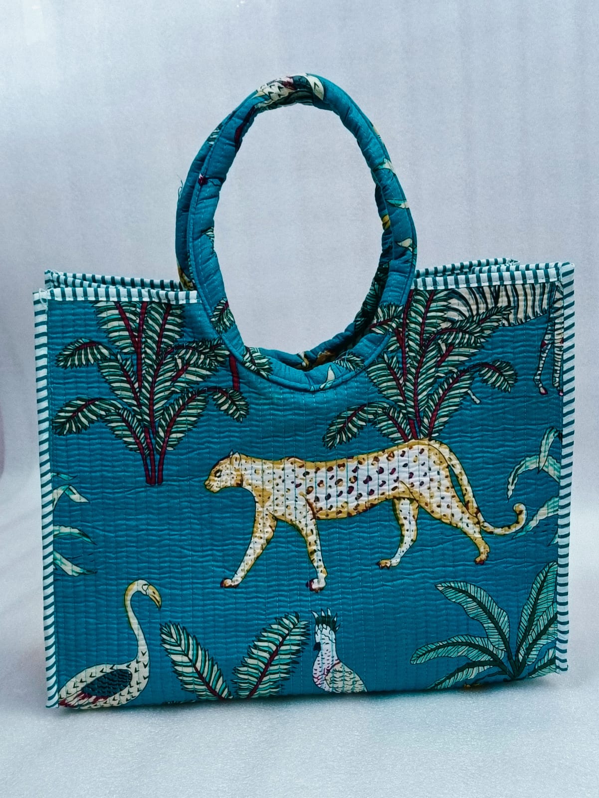 Handblock Printed Cotton Tote Bag with Unique Moon-Shaped Handle- 14x14x6 inches