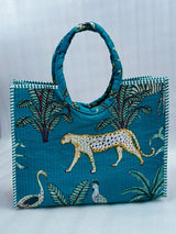 Handblock Printed Cotton Tote Bag with Unique Moon-Shaped Handle- 14x14x6 inches