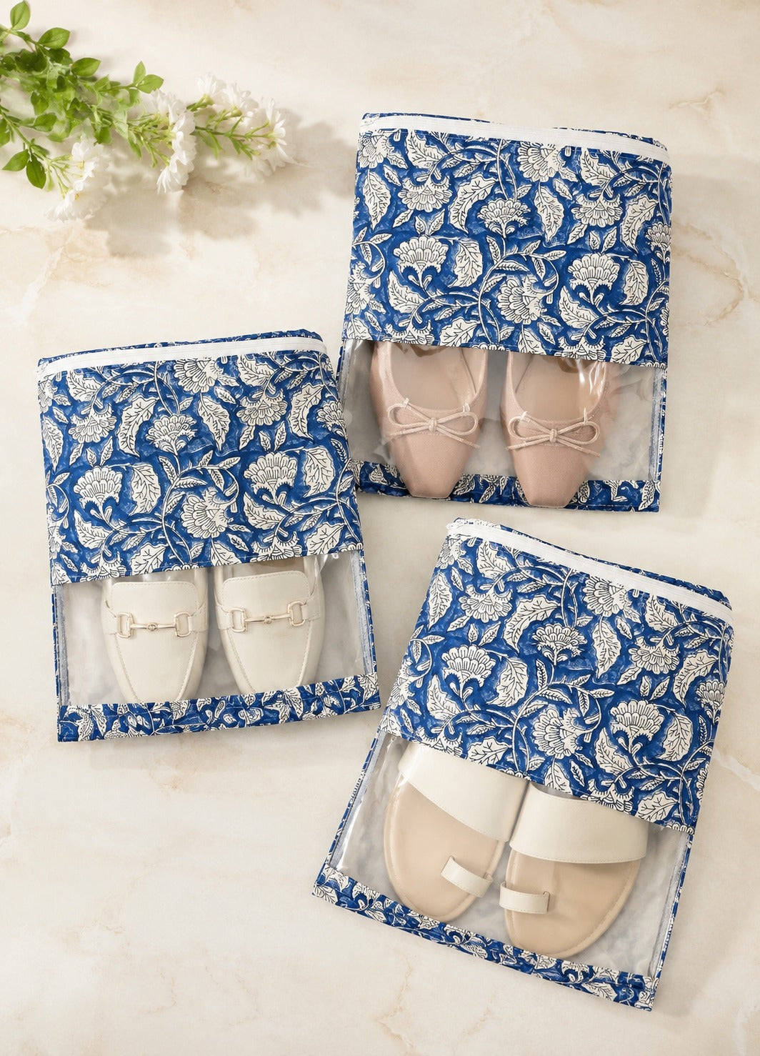 Handblock Printed Cotton Multi-Purpose Storage Pouch with Clear Window- Shoe & Clothing Organizer Bag- Set of 3/6