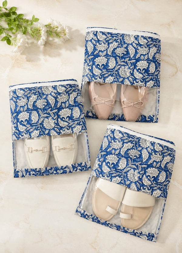 Handblock Printed Cotton Multi-Purpose Storage Pouch with Clear Window- Shoe & Clothing Organizer Bag- Set of 3/6