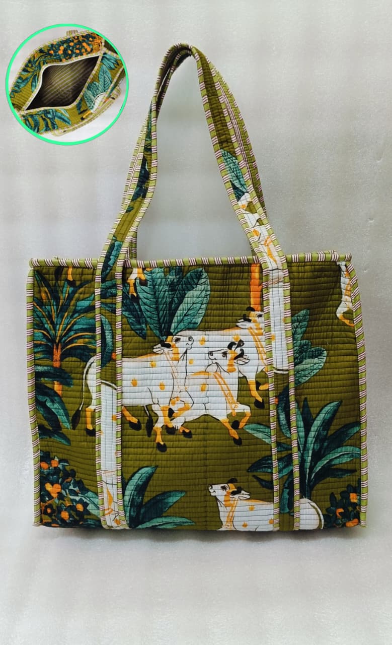 Handblock Printed Quilted Tote Bag with concealed zip ( 17x18x 6 inches)