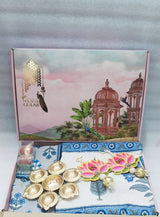 Diwali Gift Box | 1 Double Bedsheet, 1 Pair Door Hanging, 1 Metal Urli, 2 Laddoo Candles