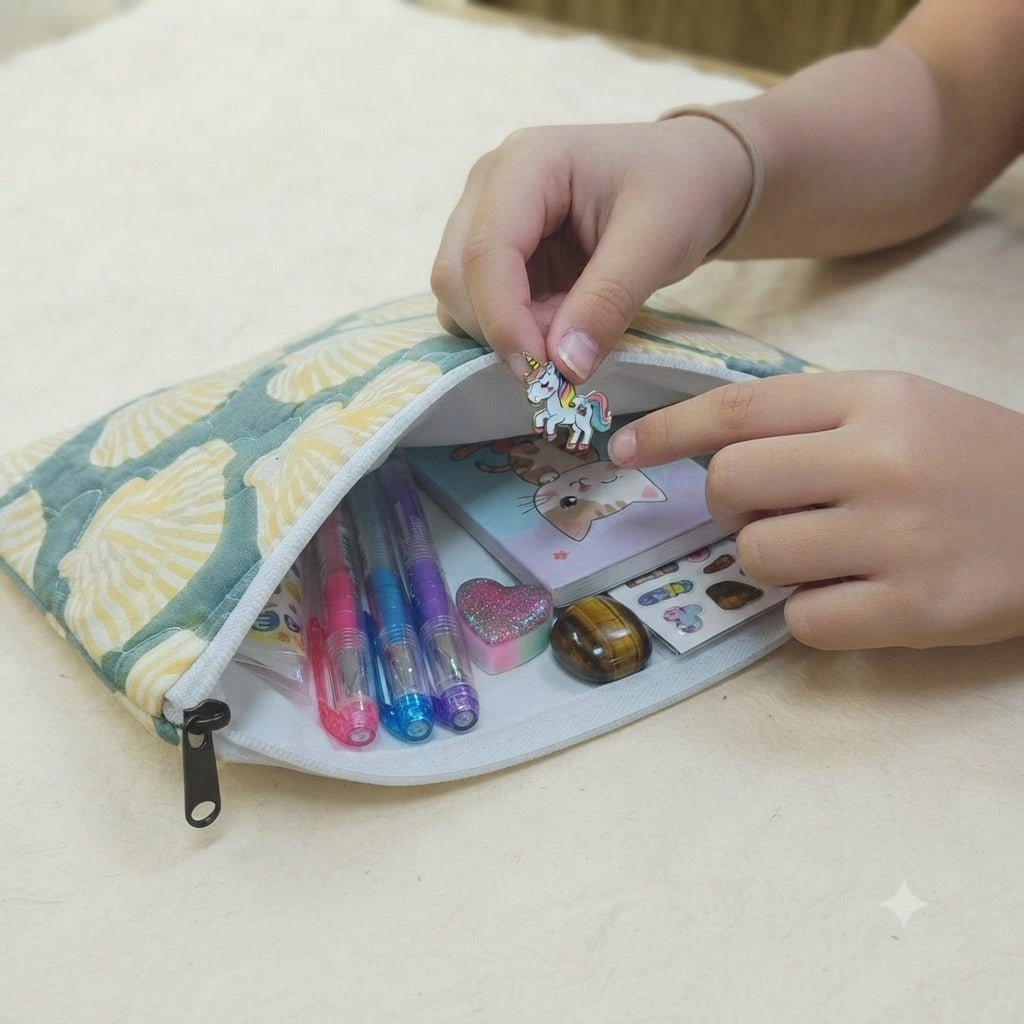 Handblock Printed Cotton Kids’ Flat Pouch with Zip Closure