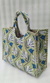 Handblock Printed Cotton Tote Bag with Unique Moon-Shaped Handle- 14x14x6 inches