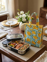 Handblock Printed Insulated Lunch Bag in Canvas Cotton with Zipper Closure (10*14*5  inches)