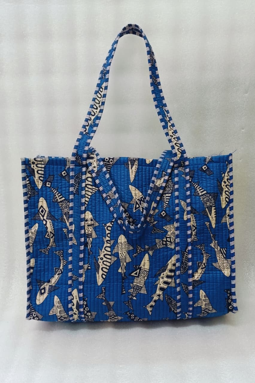 Handblock Printed Quilted Tote Bag without zip/button 17x18x 6 inches