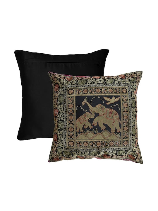 Set Of 2 Black & Green Cotton Silk Ethnic Motifs Square Cushion Covers