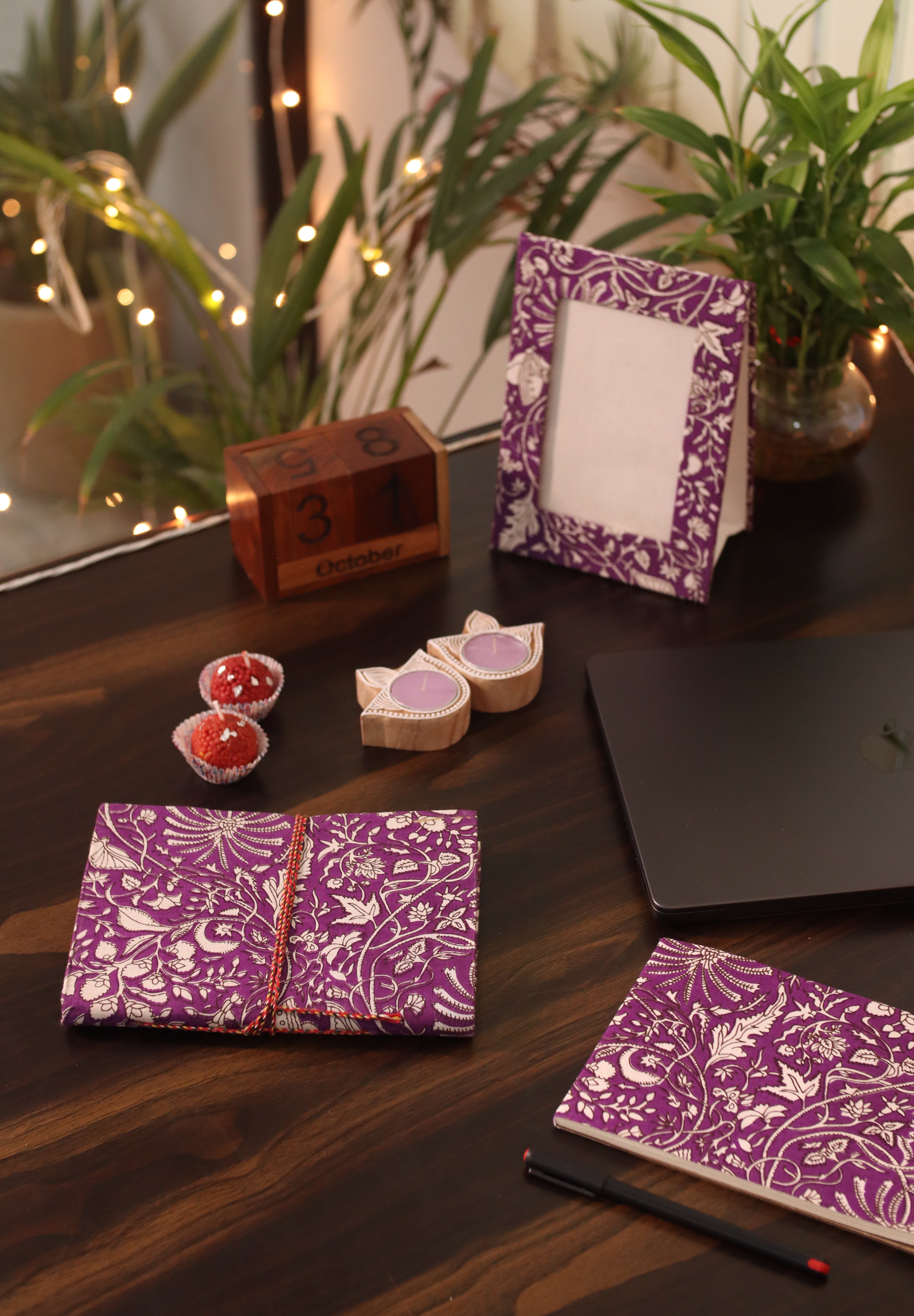 Gift Box with Work Desk Essential : 1 Diary, 1 Notepad, 1 Photoframe, 2 laddoo candles, 2 handblock candles
