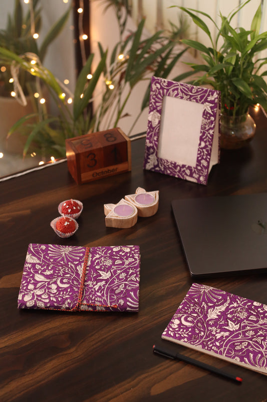 Gift Box with Work Desk Essential : 1 Diary, 1 Notepad, 1 Photoframe, 2 laddoo candles, 2 handblock candles