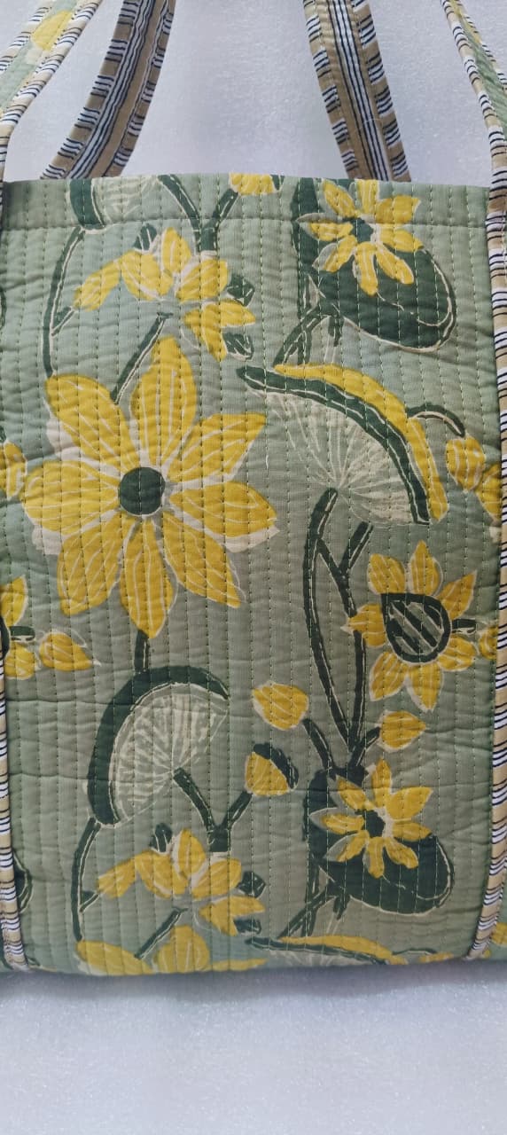 Handblock Printed Quilted Tote Bag without zip/button 17x18x 6 inches