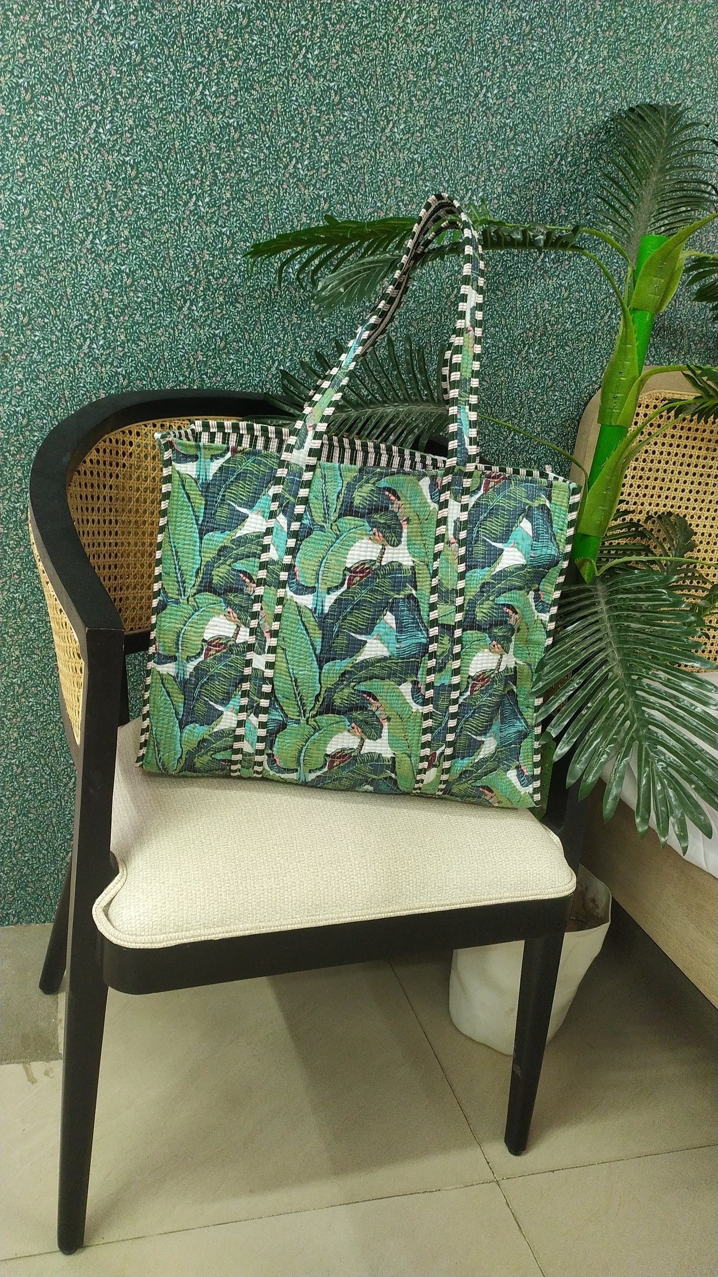 Handblock Printed Quilted Tote Bag without zip/button 17x18x 6 inches