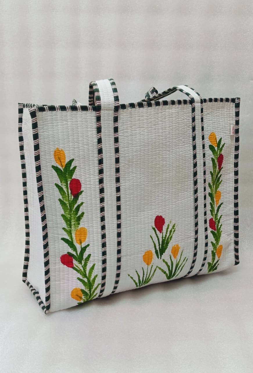 Hand-Painted Floral Tote Bag – Double-Sided Artisan Cotton Tote | Spacious Everyday Carry Bag (No Zip)- 17x18x6 inches