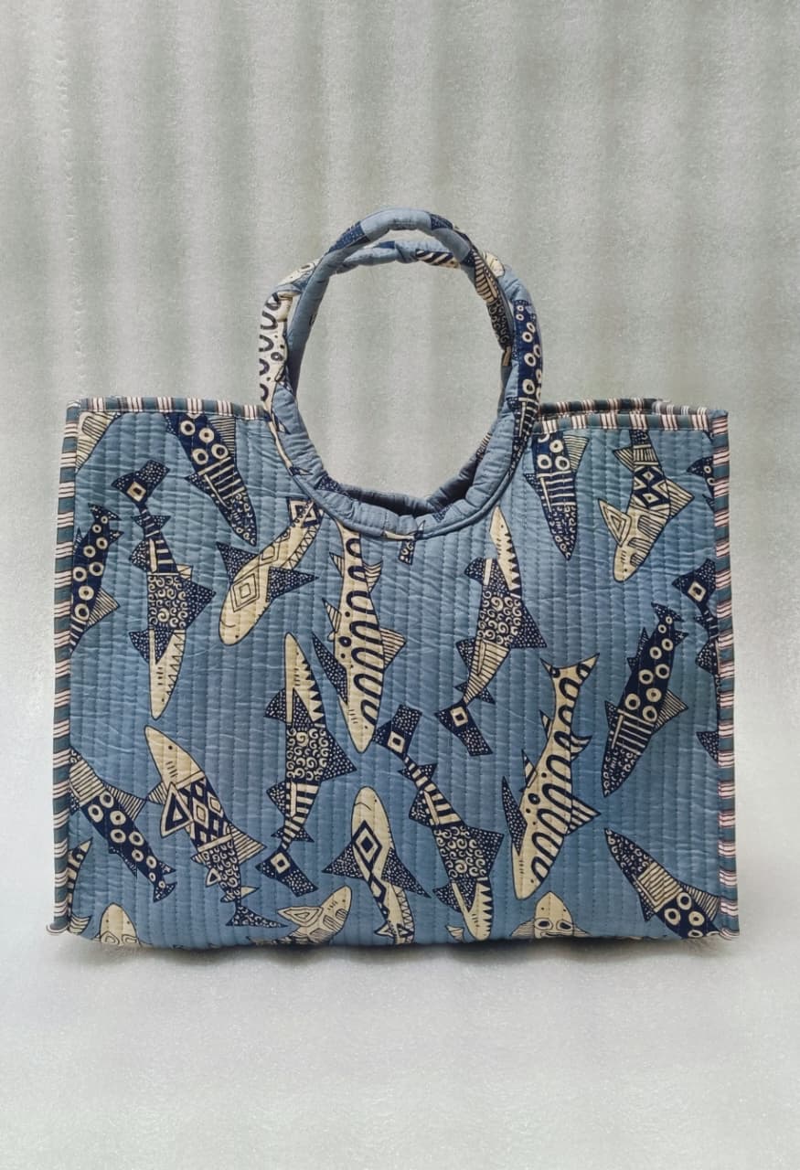 Handblock Printed Cotton Tote Bag with Unique Moon-Shaped Handle- 14x14x6 inches