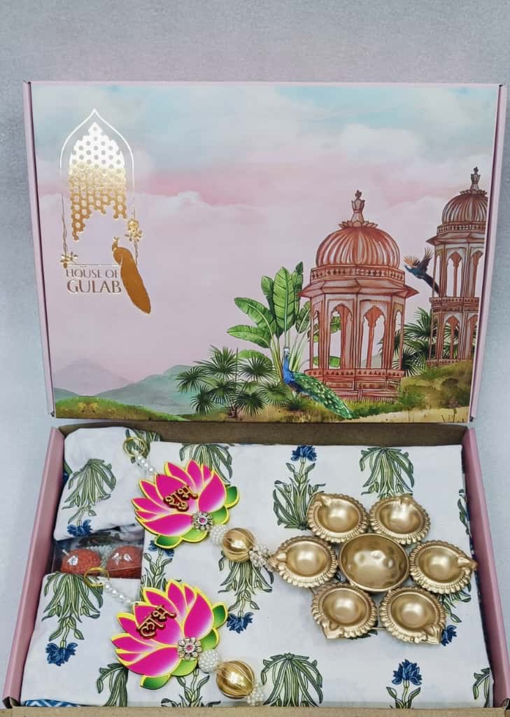 Diwali Gift Box | 1 Double Bedsheet, 1 Pair Door Hanging, 1 Metal Urli, 2 Laddoo Candles