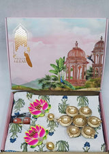 Diwali Gift Box | 1 Double Bedsheet, 1 Pair Door Hanging, 1 Metal Urli, 2 Laddoo Candles