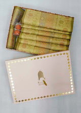 Diwali Gift Box with Banarasi Zari Table Runner, Set Of 6 Mats, 6 coaster & 2 laddoo candles