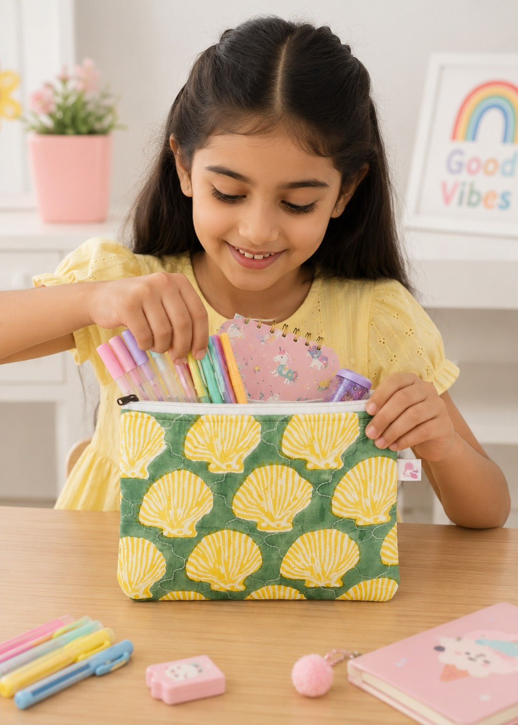 Handblock Printed Cotton Kids’ Flat Pouch with Zip Closure