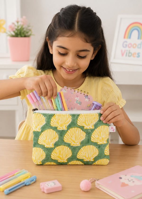 Handblock Printed Cotton Kids’ Flat Pouch with Zip Closure