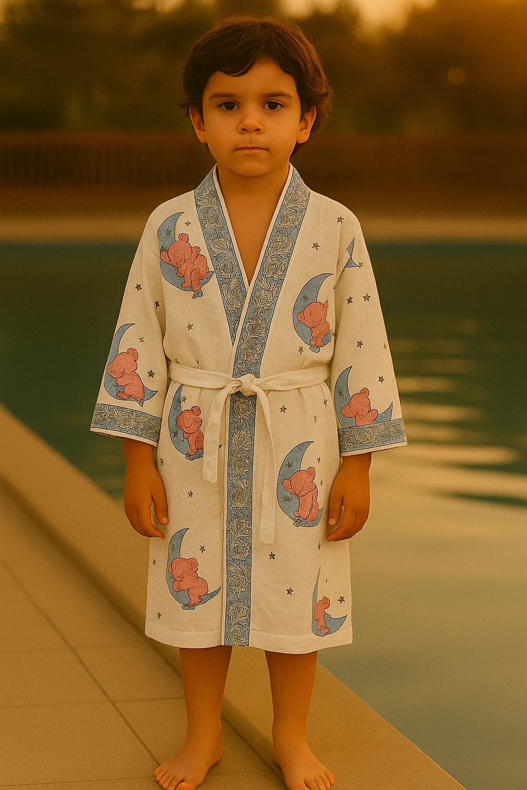 Handblock printed waffle cotton bathrobe for kids - 4-13 years old