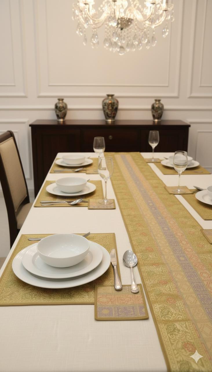 Diwali Gift Box with Banarasi Zari Table Runner, Set Of 6 Mats, 6 coaster & 2 laddoo candles