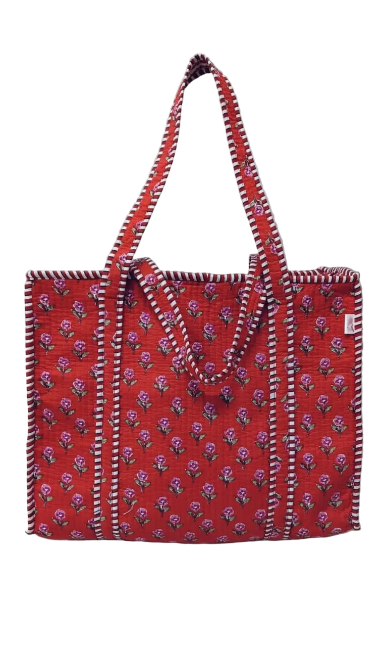 Handblock Printed Quilted Tote Bag with concealed zip ( 17x18x 6 inches)