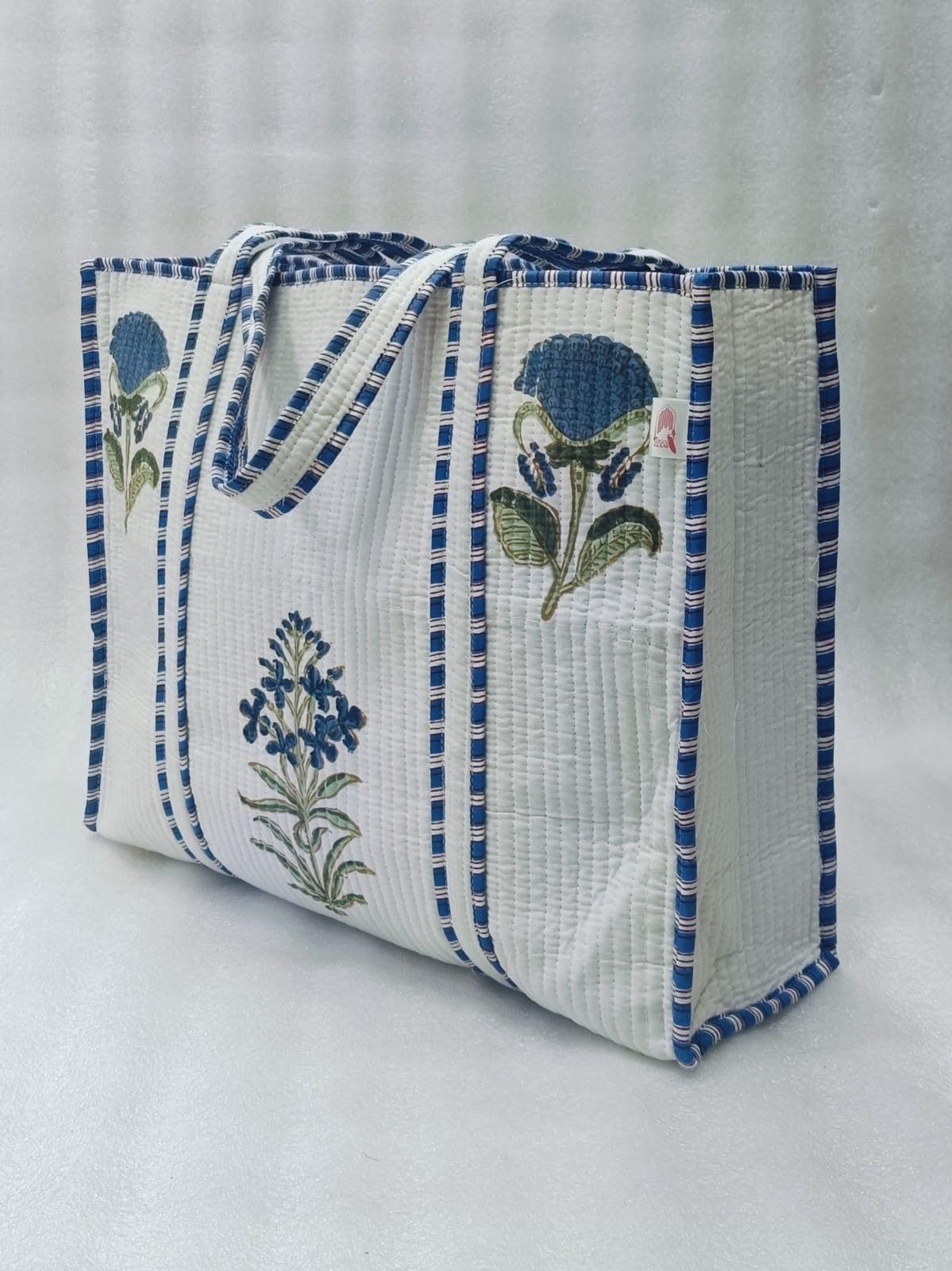 Classic White Block Printed Quilted Tote Bag without zip/button 17x18x 6 inches
