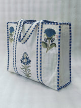 Classic White Block Printed Quilted Tote Bag without zip/button 17x18x 6 inches