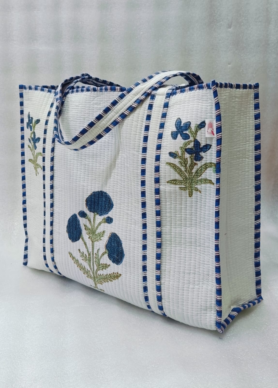 Classic White Block Printed Quilted Tote Bag without zip/button 17x18x 6 inches