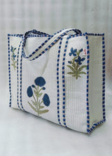 Classic White Block Printed Quilted Tote Bag without zip/button 17x18x 6 inches
