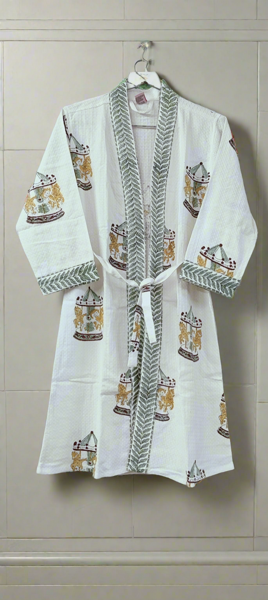 Handblock printed waffle cotton bathrobe for kids - 4-13 years old