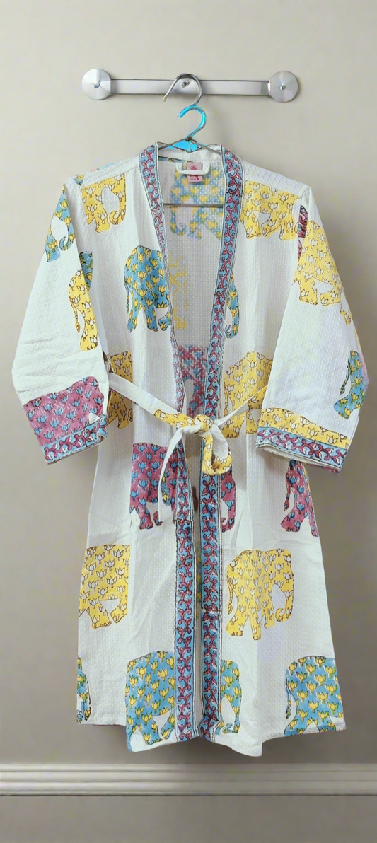 Handblock printed waffle cotton bathrobe for kids - 4-13 years old