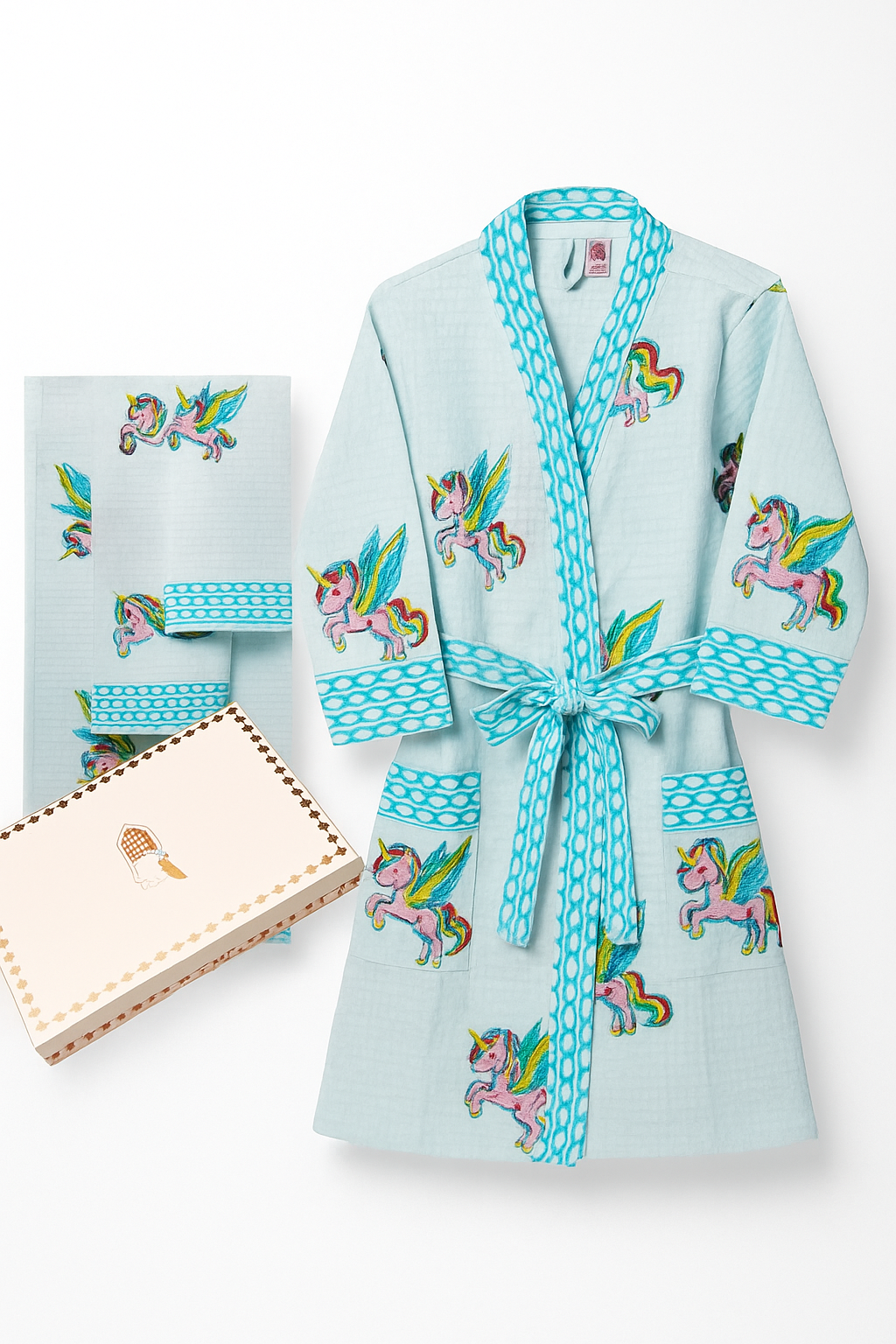 Handblock Printed Waffle Cotton Bathrobe Gift Box for Kids (4-13 Years) – Includes Bath Towel & 2 Hand Towels