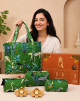 Diwali Gift Box Tote Bag with 3 Coordinated Utility Pouches with Gift Box with Set of 2 Metal Diyas