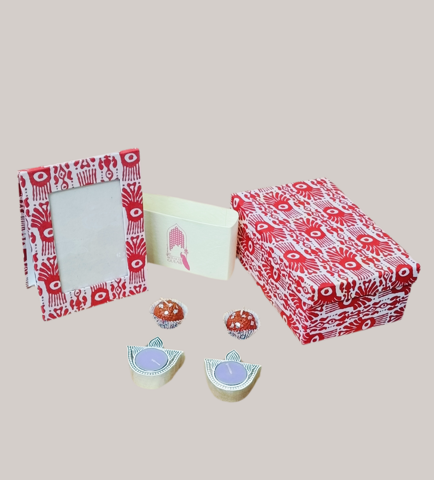 Gift Box with Work Desk Essential : 1 Diary, 1 Notepad, 1 Photoframe, 2 laddoo candles, 2 handblock candles