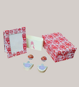 Gift Box with Work Desk Essential : 1 Diary, 1 Notepad, 1 Photoframe, 2 laddoo candles, 2 handblock candles