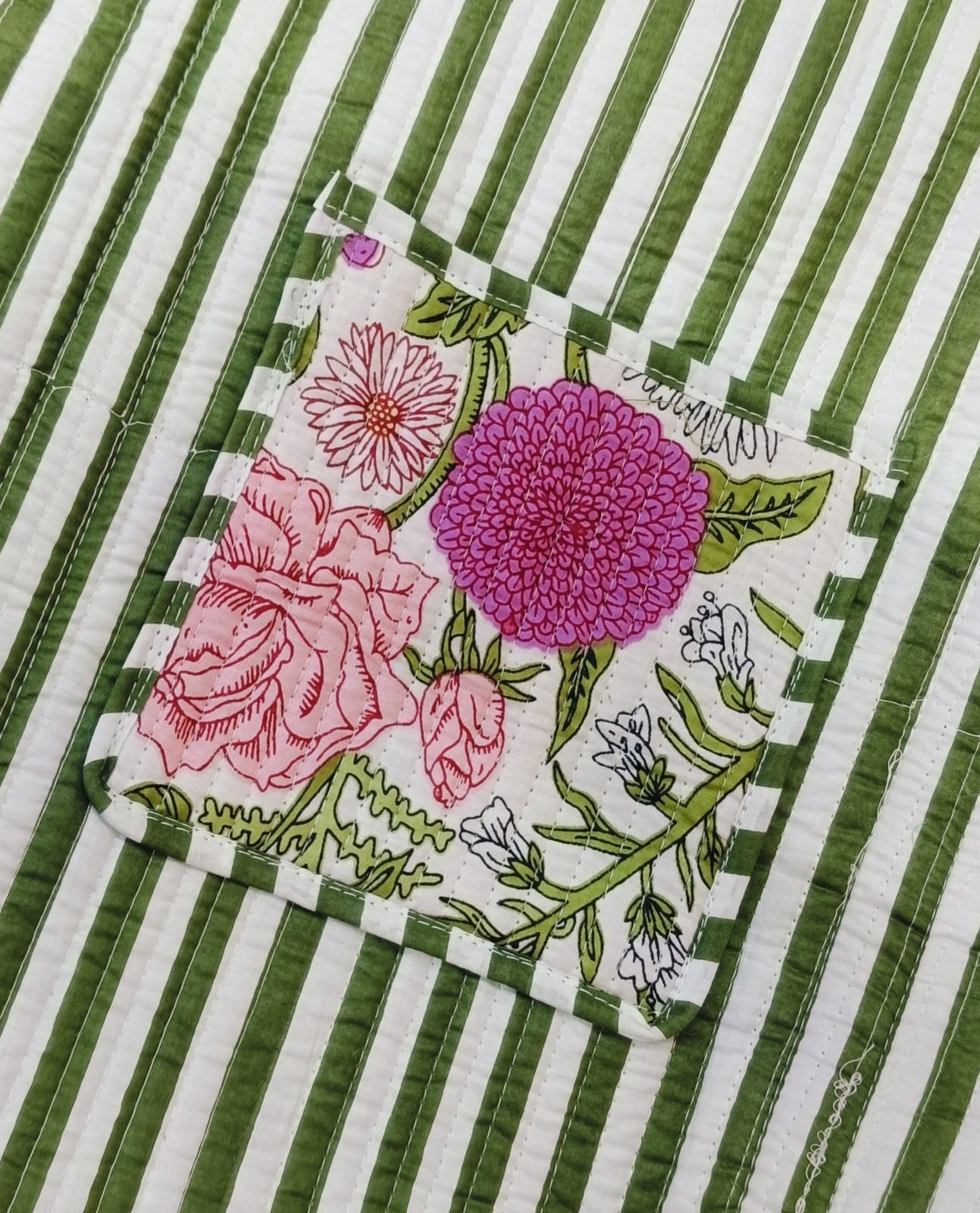 Handblock Printed Quilted Tote Bag without zip/button 17x18x 6 inches