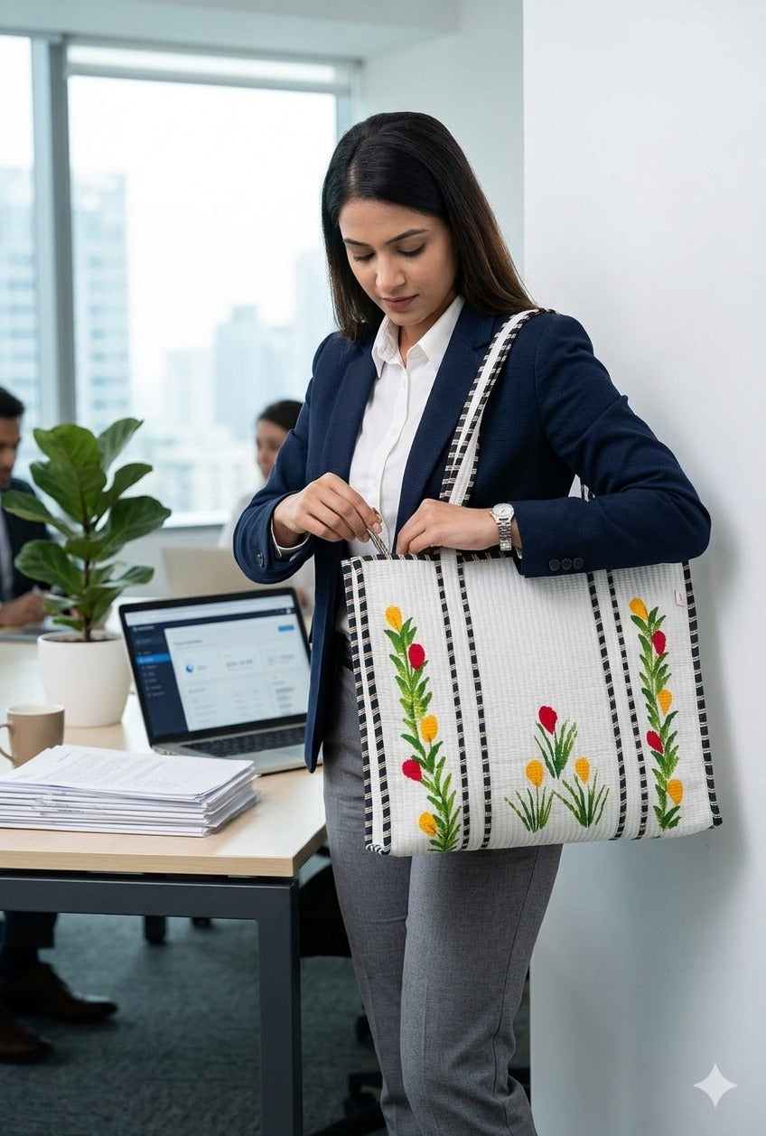 Hand-Painted Floral Tote Bag – Double-Sided Artisan Cotton Tote | Spacious Everyday Carry Bag (No Zip)- 17x18x6 inches