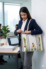 Hand-Painted Floral Tote Bag – Double-Sided Artisan Cotton Tote | Spacious Everyday Carry Bag (No Zip)- 17x18x6 inches