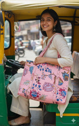 Handblock Printed Quilted Tote Bag without zip/button 17x18x 6 inches