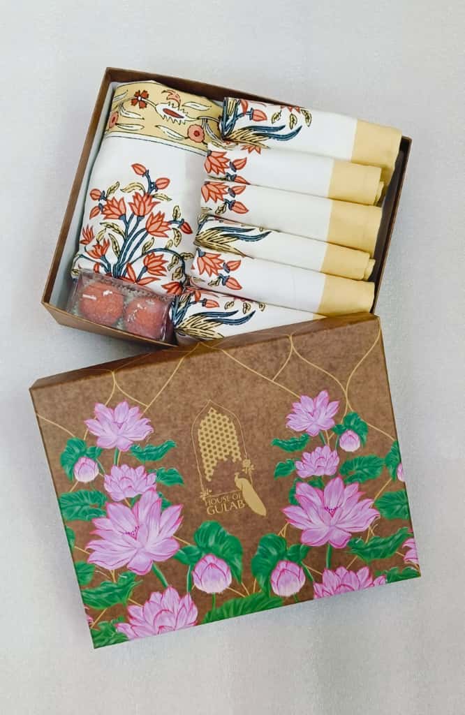Diwali Gift Box with Handblock Printed Canvas Cotton Table Runner & Set Of 6 Mats, 2 laddoo candles