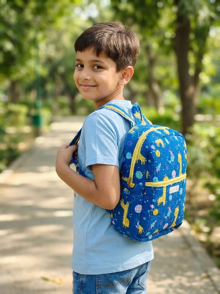 Handblock Printed Cotton Kids’ School Backpack with Front Zip Pocket