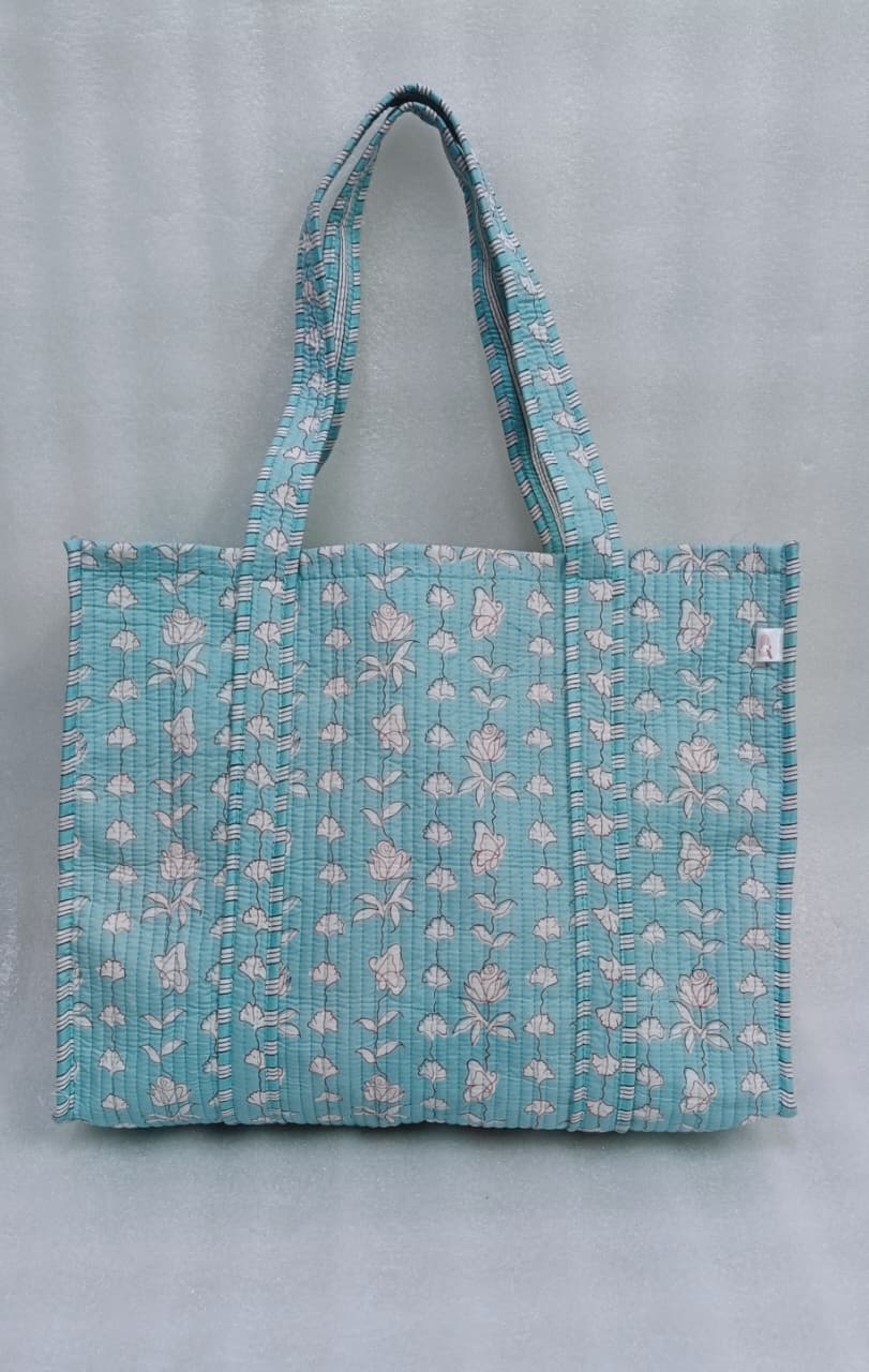 Handblock Printed Quilted Tote Bag without zip/button 17x18x 6 inches