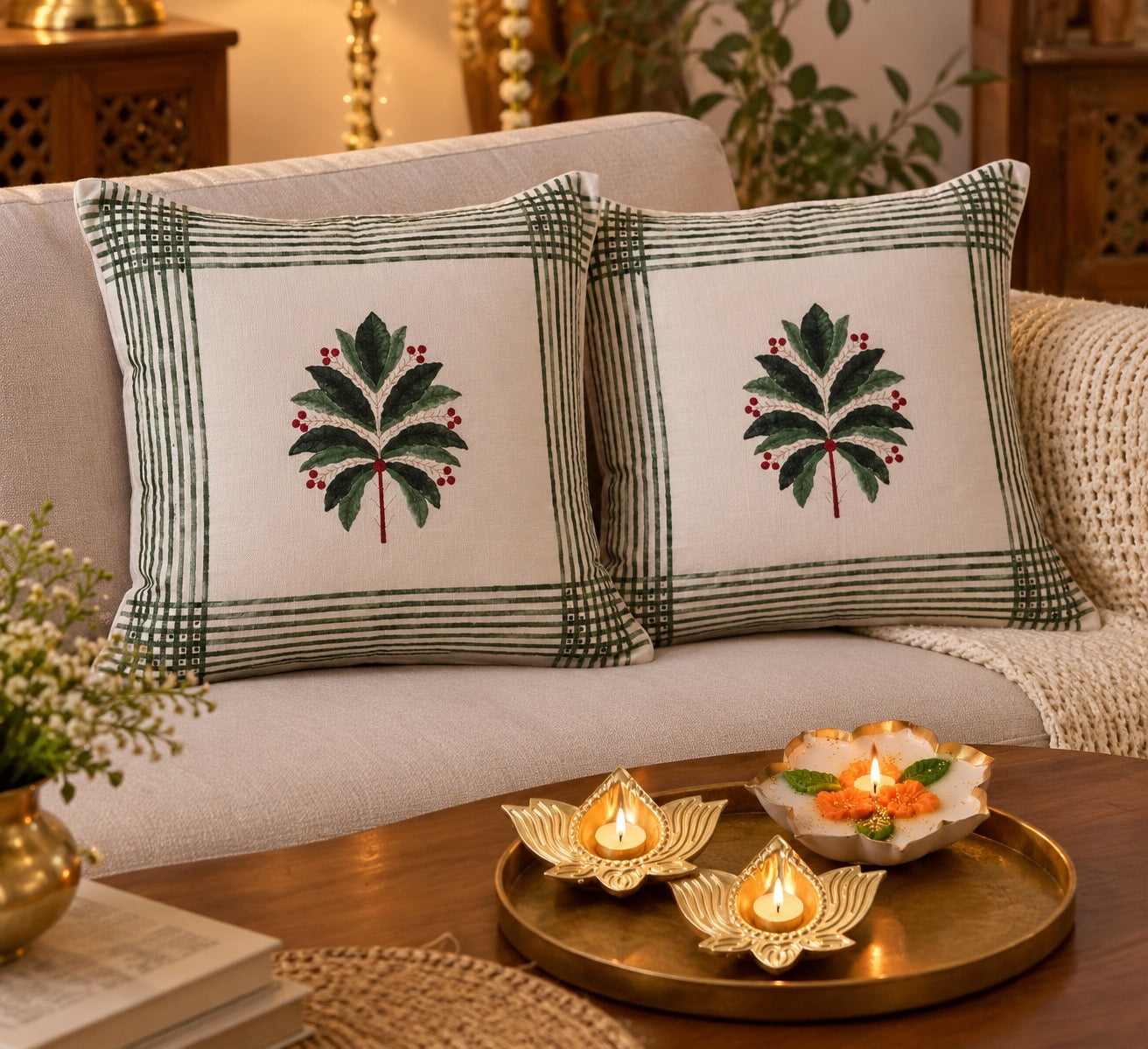 Diwali Home Décor Gift Box with 2 Cushion Covers, 1Handmade Floral Soy Wax Candle & 2 Metal Diyas