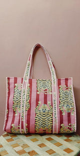 Handblock Printed Quilted Tote Bag without zip/button 17x18x 6 inches