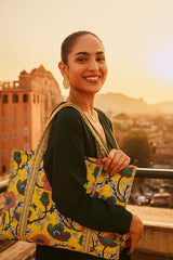Handblock Printed Quilted Tote Bag without zip/button 17x18x 6 inches