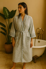 Waffle Cotton Handblock Printed Unisex Bathrobe - Free Size