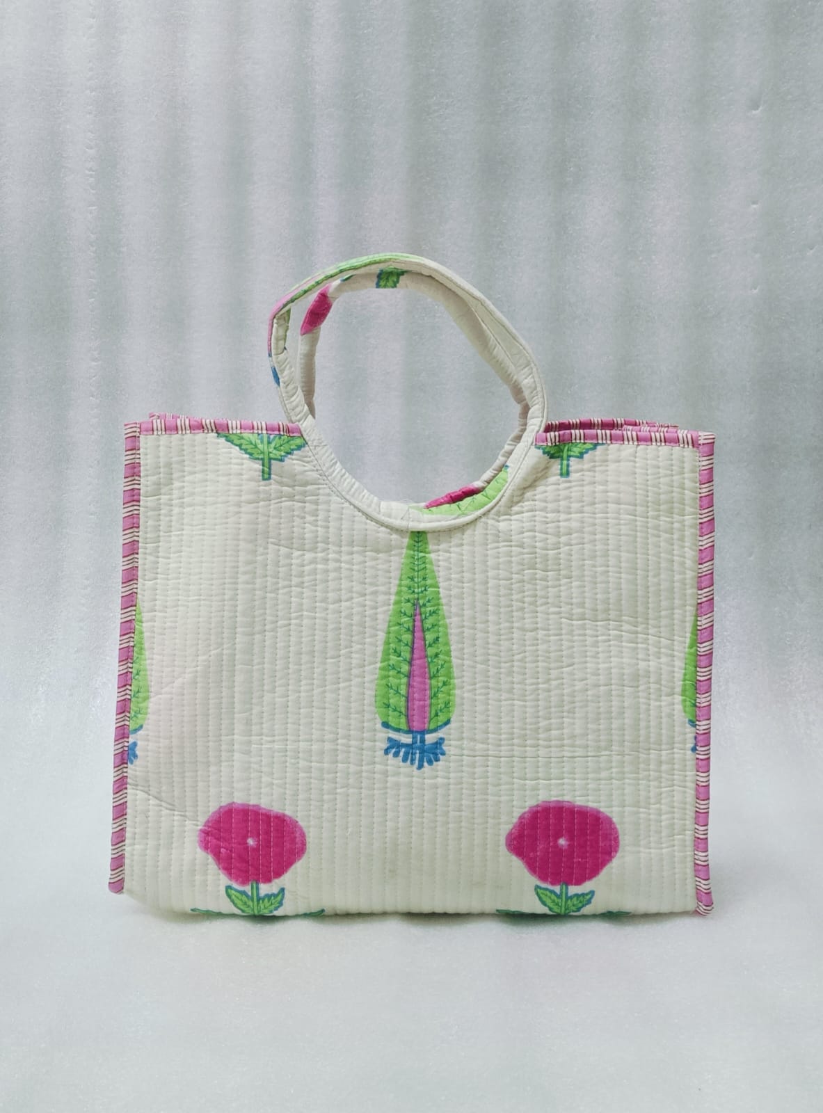 Handblock Printed Cotton Tote Bag with Unique Moon-Shaped Handle- 14x14x6 inches