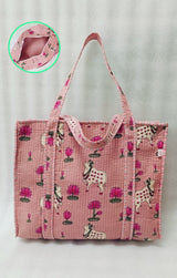 Handblock Printed Quilted Tote Bag with concealed zip ( 17x18x 6 inches)